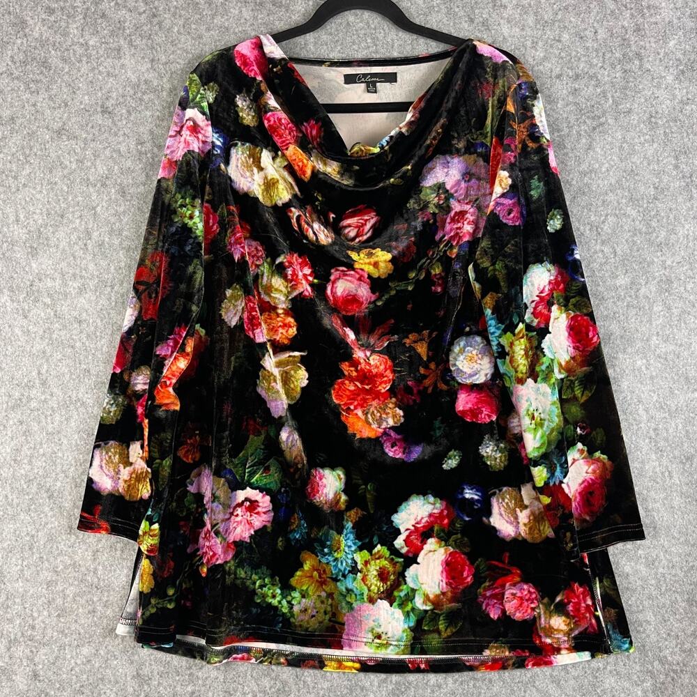 Calessa Velvet Tunic‎ Top Womens Large Floral Cowl Neck Stretch Artsy Fairygoth